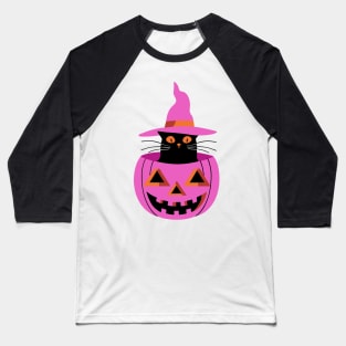 Witchy cat and pumpkin - pink Baseball T-Shirt